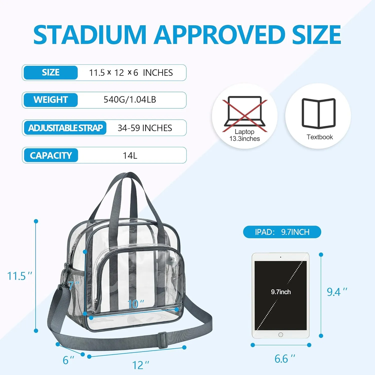 Paxiland Clear Bag for Stadium Events 12x6x12, Clear Tote Bag with Front Pocket and Detachable Strap for Sports Concert Work