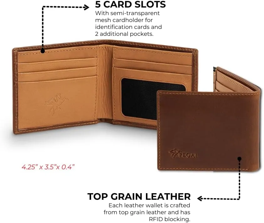 PEGAI Standard Full-Grain Leather Bifold Wallet For Men | Stylish and Secure RFID Blocking Slim Mens Wallet With Credit Card Holder | Edward (Cinnamon)