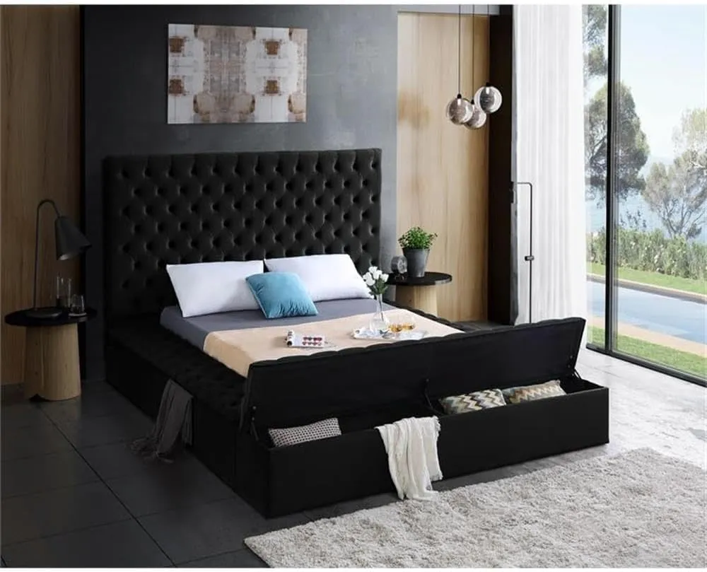 Pemberly Row Modern Solid Wood Tufted Velvet King Bed in Black