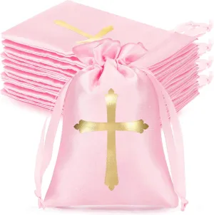 PerKoop 50 Pcs Baptism Satin Gift Bags with Drawstring 4 x 6 Inch Religious Gift Bags Cross Candy Jewelry Pouches for Baptism First Communion Party Favor(Pink)