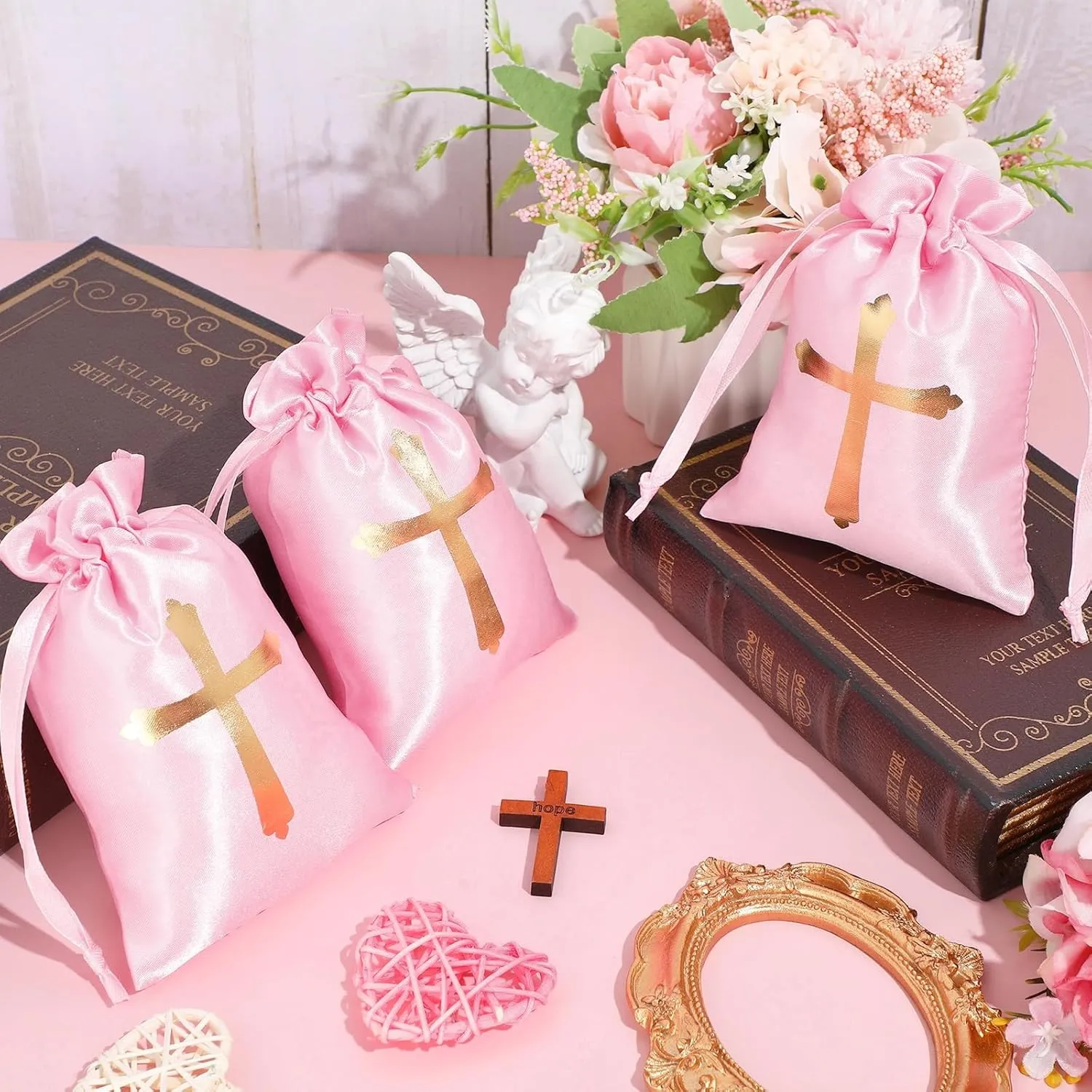 PerKoop 50 Pcs Baptism Satin Gift Bags with Drawstring 4 x 6 Inch Religious Gift Bags Cross Candy Jewelry Pouches for Baptism First Communion Party Favor(Pink)