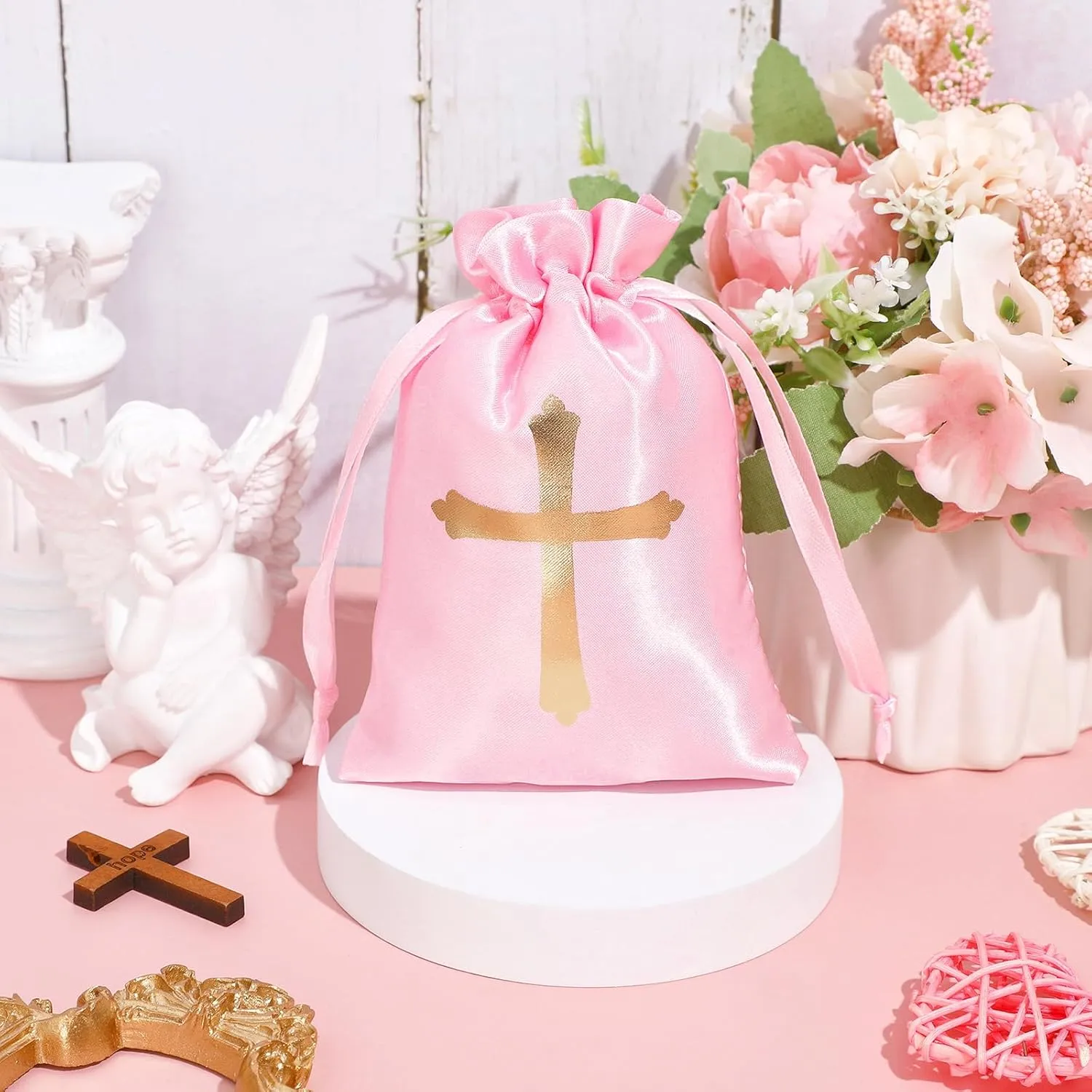 PerKoop 50 Pcs Baptism Satin Gift Bags with Drawstring 4 x 6 Inch Religious Gift Bags Cross Candy Jewelry Pouches for Baptism First Communion Party Favor(Pink)