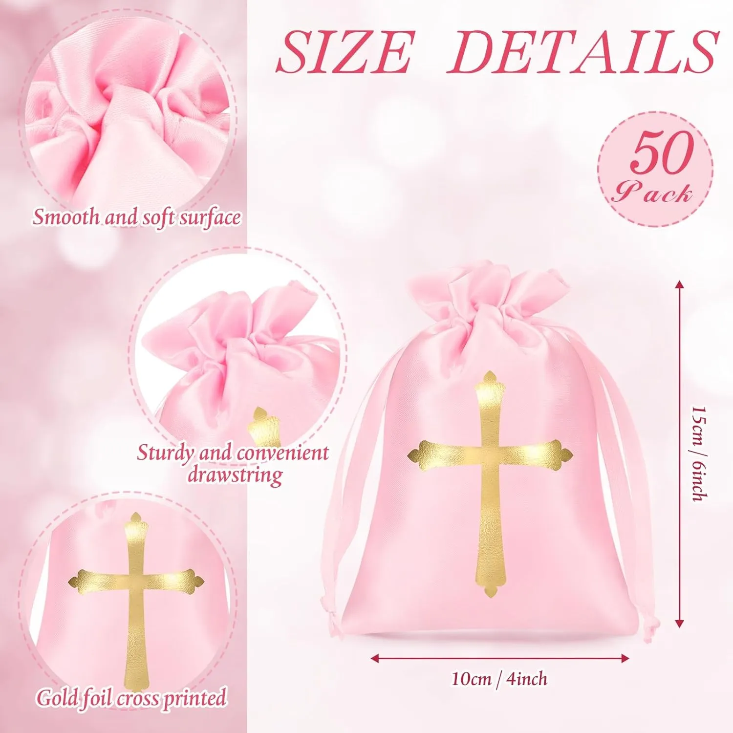 PerKoop 50 Pcs Baptism Satin Gift Bags with Drawstring 4 x 6 Inch Religious Gift Bags Cross Candy Jewelry Pouches for Baptism First Communion Party Favor(Pink)
