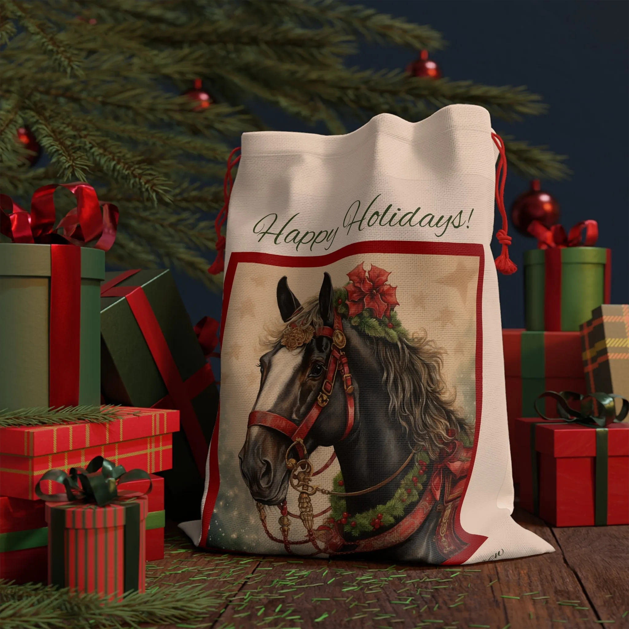 Personalized Christmas Horse Gift Bag, Reusable AP 20"x26" Linen Bag