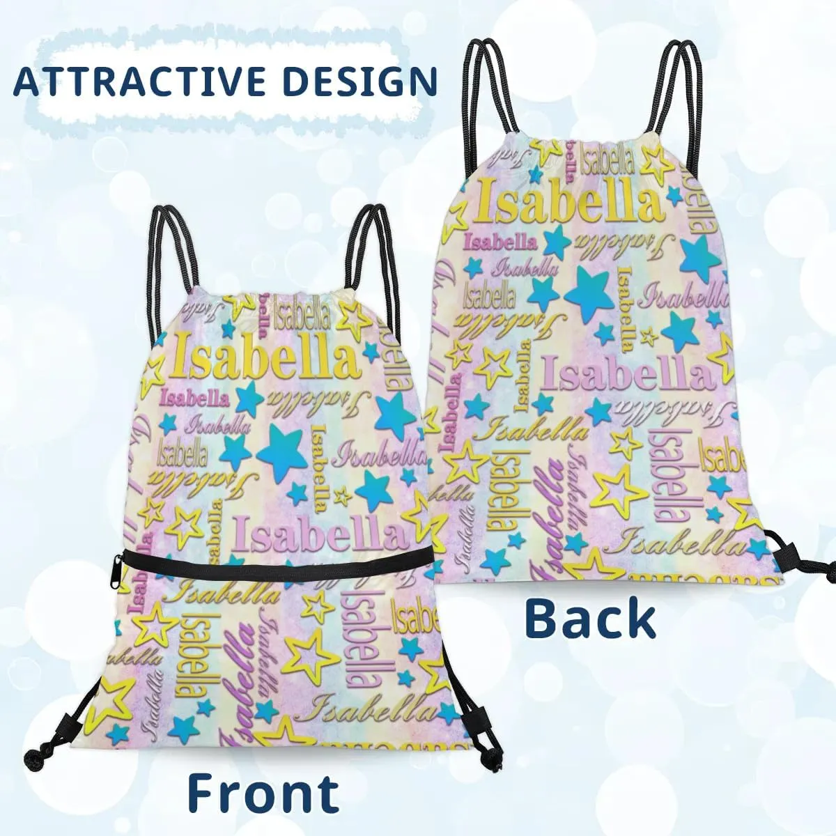Personalized Drawstring Backpack Dance Bag Gymnastics Bag for Girl, Custom Sport Sackpack String Gym Bag Weekender Bags for Boy Colorful Star Blue Pattern