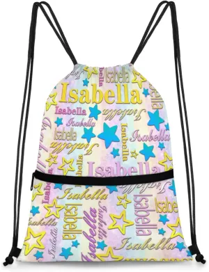 Personalized Drawstring Backpack Dance Bag Gymnastics Bag for Girl, Custom Sport Sackpack String Gym Bag Weekender Bags for Boy Colorful Star Blue Pattern