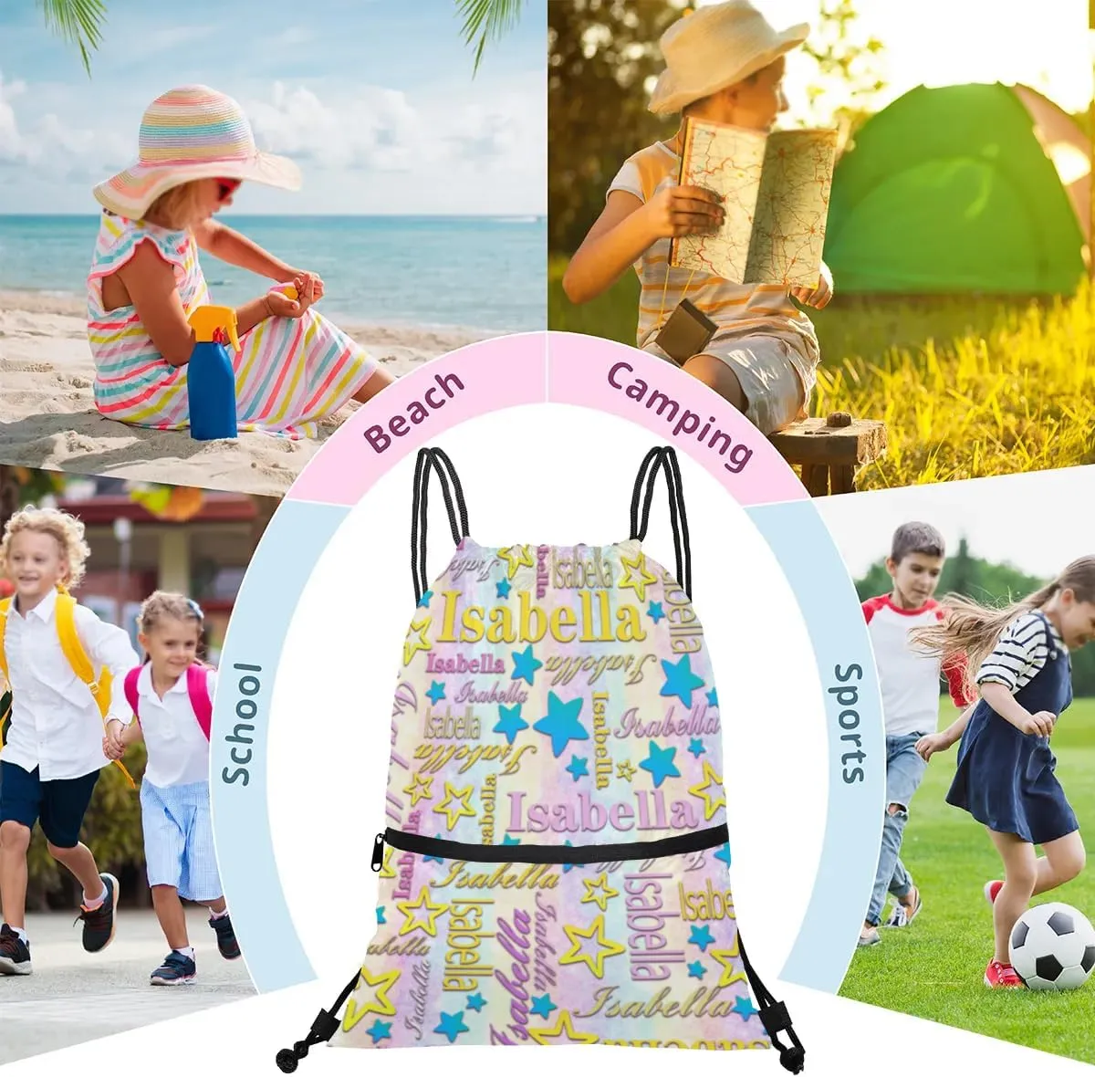 Personalized Drawstring Backpack Dance Bag Gymnastics Bag for Girl, Custom Sport Sackpack String Gym Bag Weekender Bags for Boy Colorful Star Blue Pattern