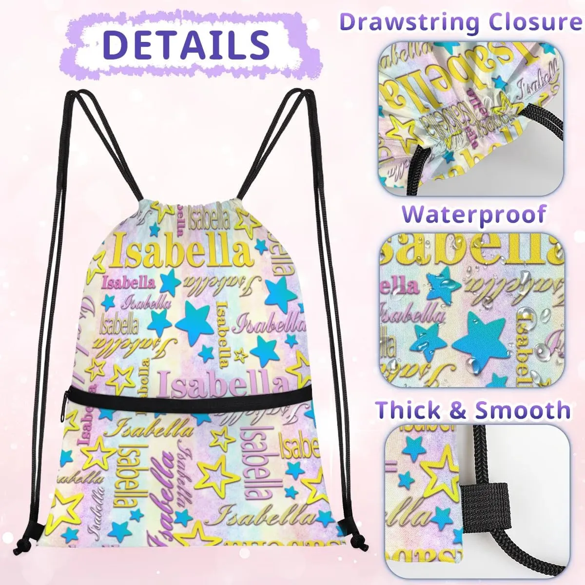 Personalized Drawstring Backpack Dance Bag Gymnastics Bag for Girl, Custom Sport Sackpack String Gym Bag Weekender Bags for Boy Colorful Star Blue Pattern