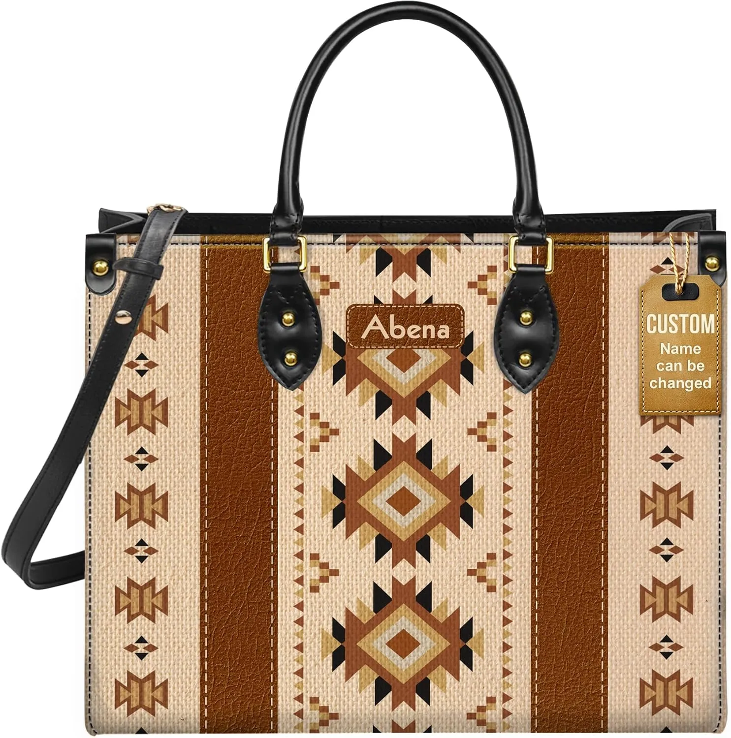 Personalized Leather Handbag for Women – Custom Boho Aztec Purse, Detachable Strap, Mother’s Day Gift