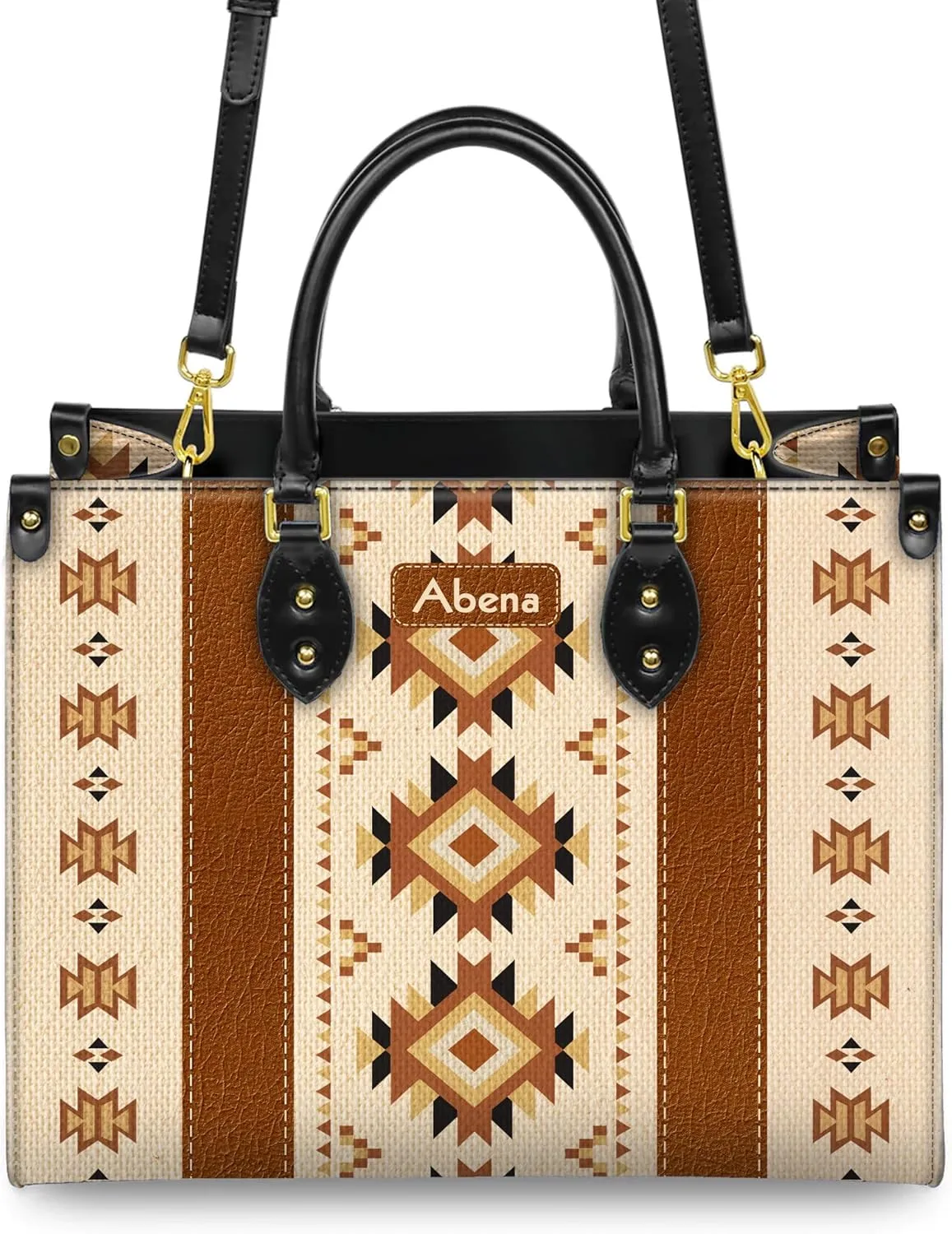 Personalized Leather Handbag for Women – Custom Boho Aztec Purse, Detachable Strap, Mother’s Day Gift