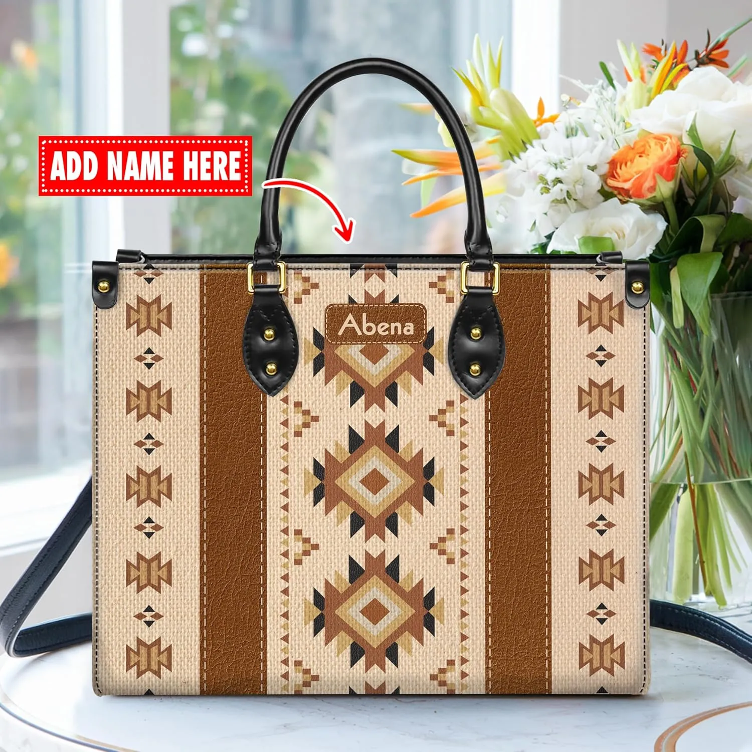 Personalized Leather Handbag for Women – Custom Boho Aztec Purse, Detachable Strap, Mother’s Day Gift
