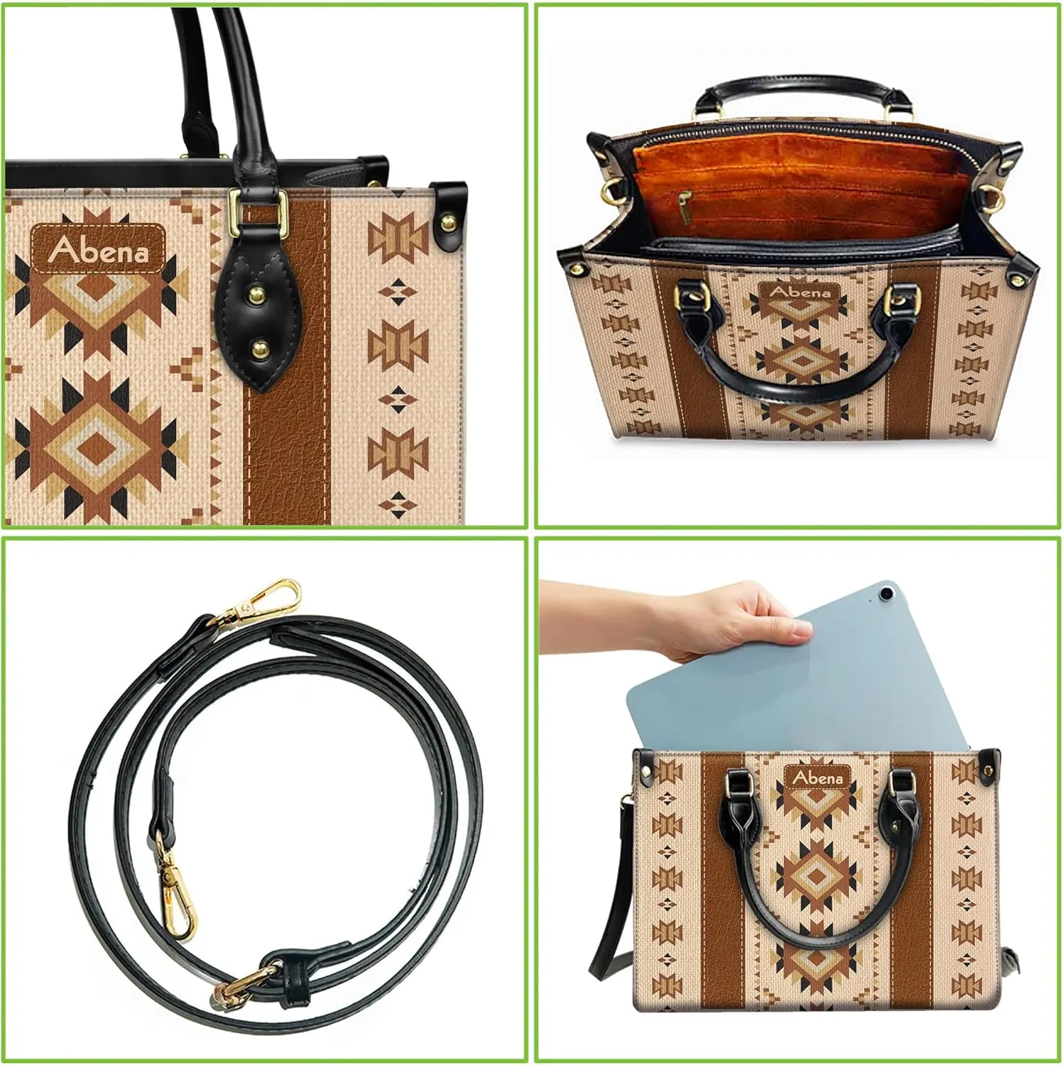 Personalized Leather Handbag for Women – Custom Boho Aztec Purse, Detachable Strap, Mother’s Day Gift