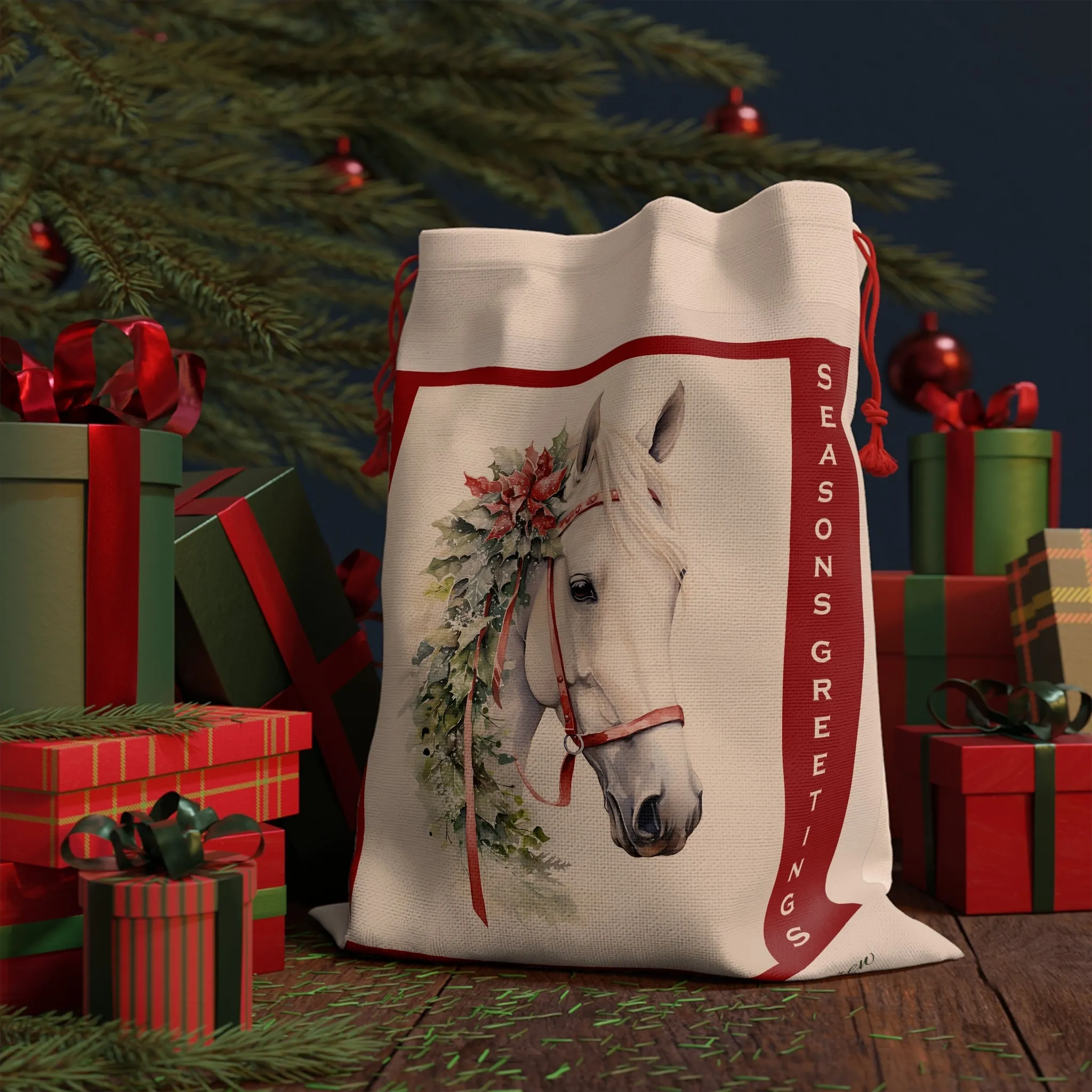 Personalized White Horse Gift Bag, Large AP 20"x26" Christmas Horse Linen Bag