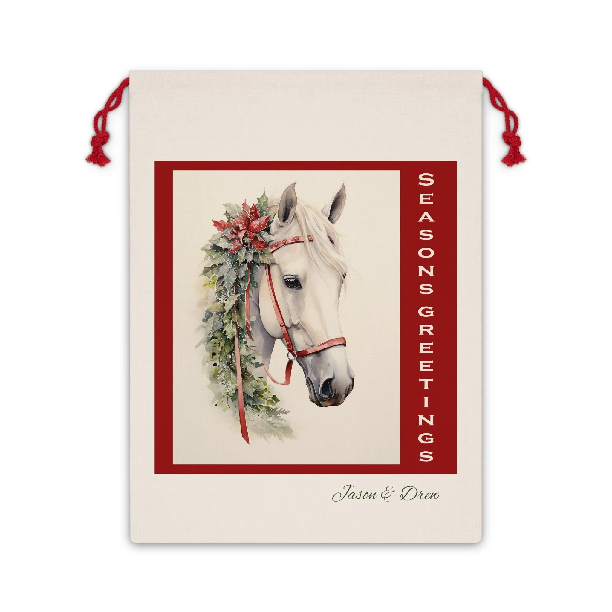 Personalized White Horse Gift Bag, Large AP 20"x26" Christmas Horse Linen Bag