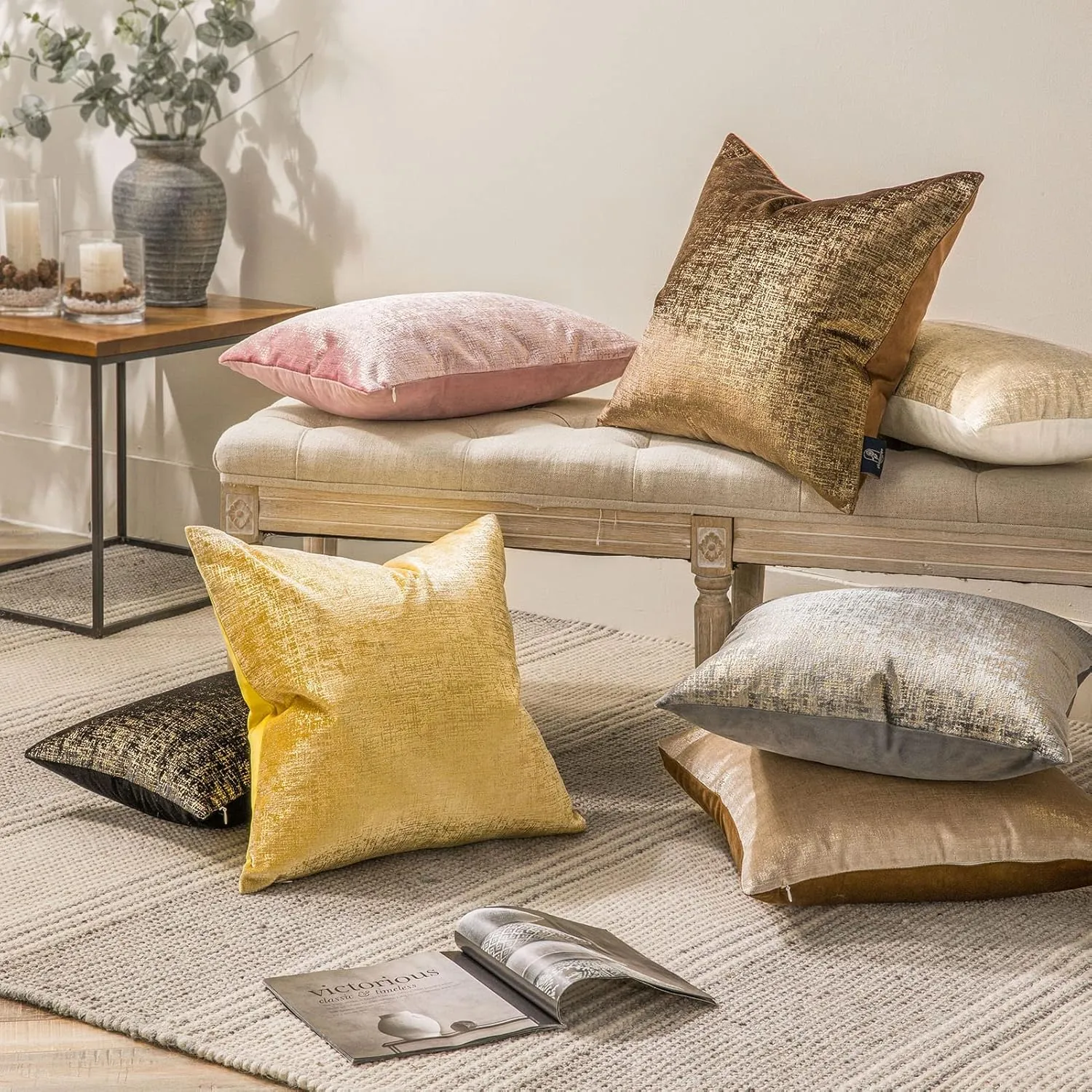 Phantoscope Pack of 2 Sparkling Velvet Decorative Solid Throw Decorative Pillow Cover Soft Gold Glitter Square Cushion Cover Pillowcase for Couch Bed and Chair, Beige, 18 x 18 inches, 45 x 45 cm