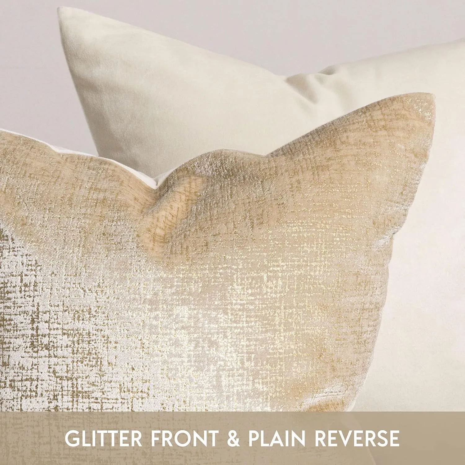 Phantoscope Pack of 2 Sparkling Velvet Decorative Solid Throw Decorative Pillow Cover Soft Gold Glitter Square Cushion Cover Pillowcase for Couch Bed and Chair, Beige, 18 x 18 inches, 45 x 45 cm