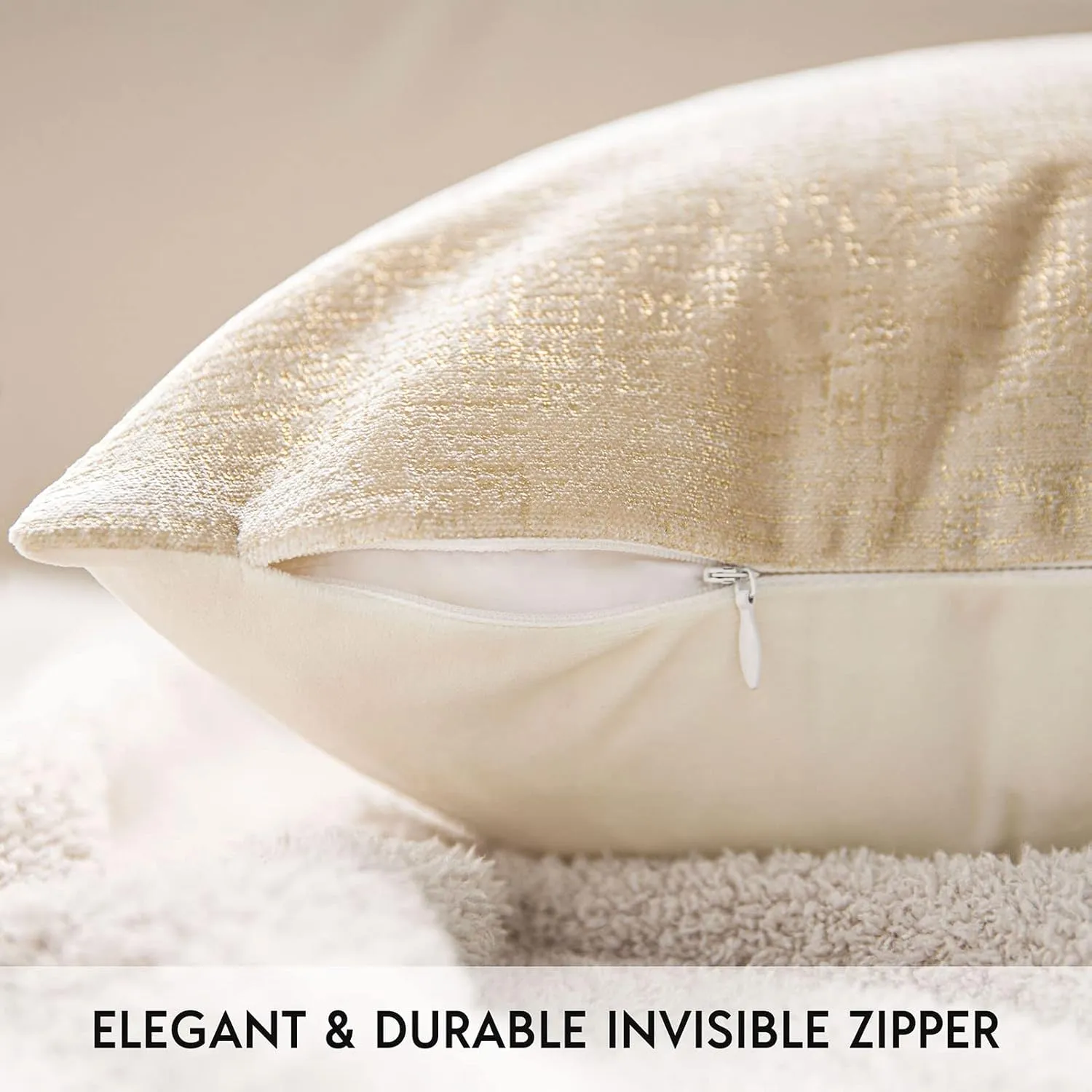 Phantoscope Pack of 2 Sparkling Velvet Decorative Solid Throw Decorative Pillow Cover Soft Gold Glitter Square Cushion Cover Pillowcase for Couch Bed and Chair, Beige, 18 x 18 inches, 45 x 45 cm