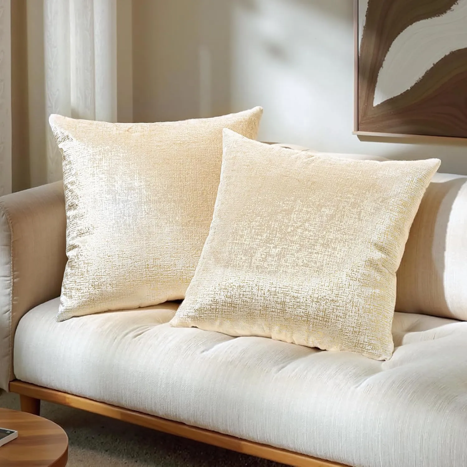 Phantoscope Pack of 2 Sparkling Velvet Decorative Solid Throw Decorative Pillow Cover Soft Gold Glitter Square Cushion Cover Pillowcase for Couch Bed and Chair, Beige, 18 x 18 inches, 45 x 45 cm