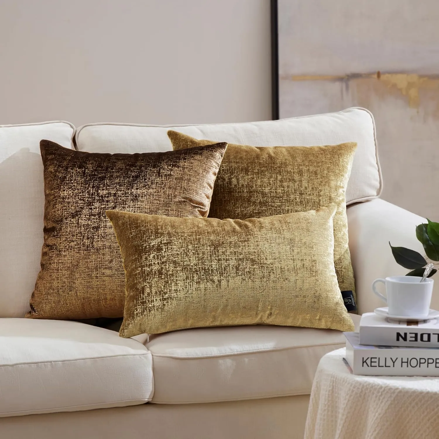 Phantoscope Pack of 2 Sparkling Velvet Decorative Solid Throw Decorative Pillow Cover Soft Gold Glitter Square Cushion Cover Pillowcase for Couch Bed and Chair, Gold, 18 x 18 inches, 45 x 45 cm