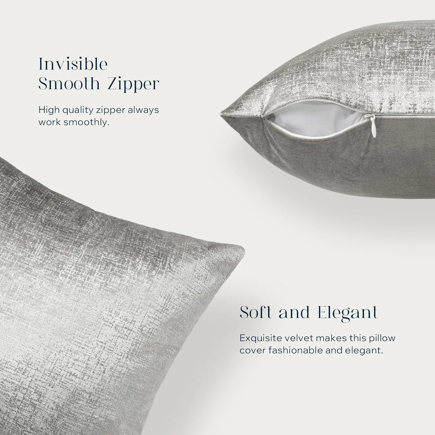 Phantoscope Pack of 2 Sparkling Velvet Decorative Solid Throw Decorative Pillow Cover Soft Silver Glitter Square Cushion Cover Pillowcase for Couch Bed and Chair, Gray, 18 x 18 inches, 45 x 45 cm