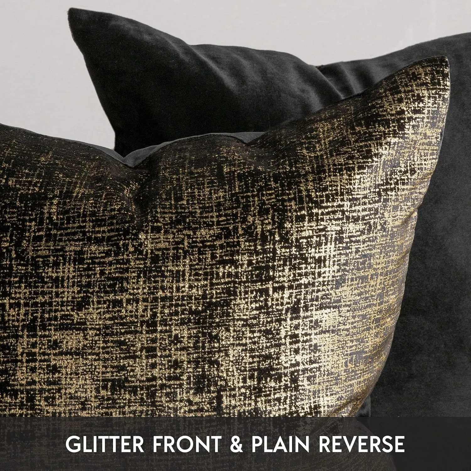 Phantoscope Pack of 2 Sparkling Velvet Geometric-Pattern Throw Decorative Pillow Cover Soft Gold Glitter Square Cushion Cover Pillowcase for Couch Bed and Chair, Black, 18 x 18 inches, 45 x 45 cm