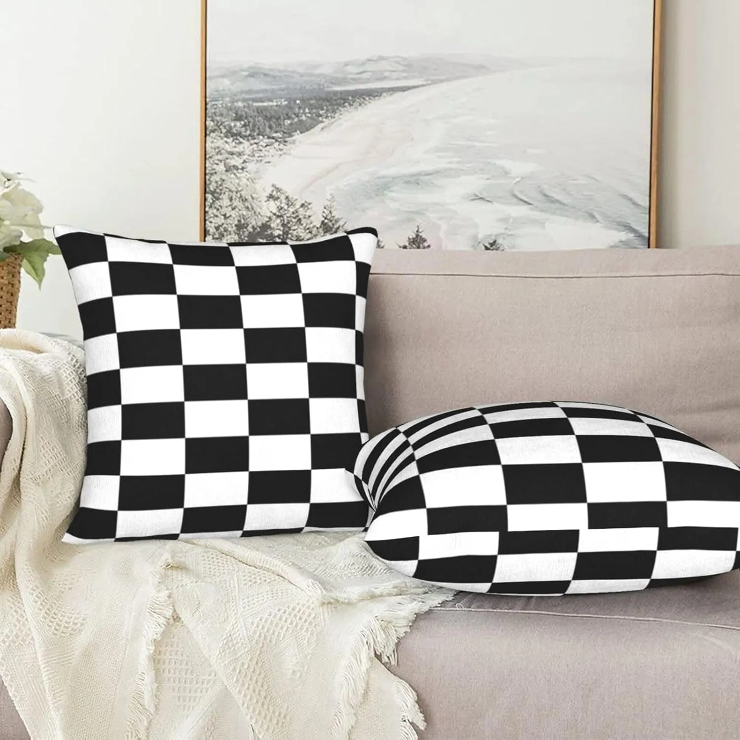 Pillowcase Set of 2 Black and White Checkered Pattern Throw Pillow Covers Shells for Couch Office Bedroom Home Decoration, 18" X 18"