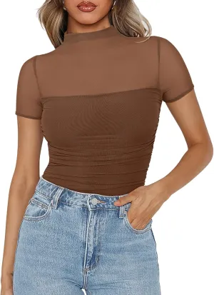 PINKMSTYLE Womens Mesh Short Sleeve Bodysuit Mock Neck Going Out Tops Date Night Outfit