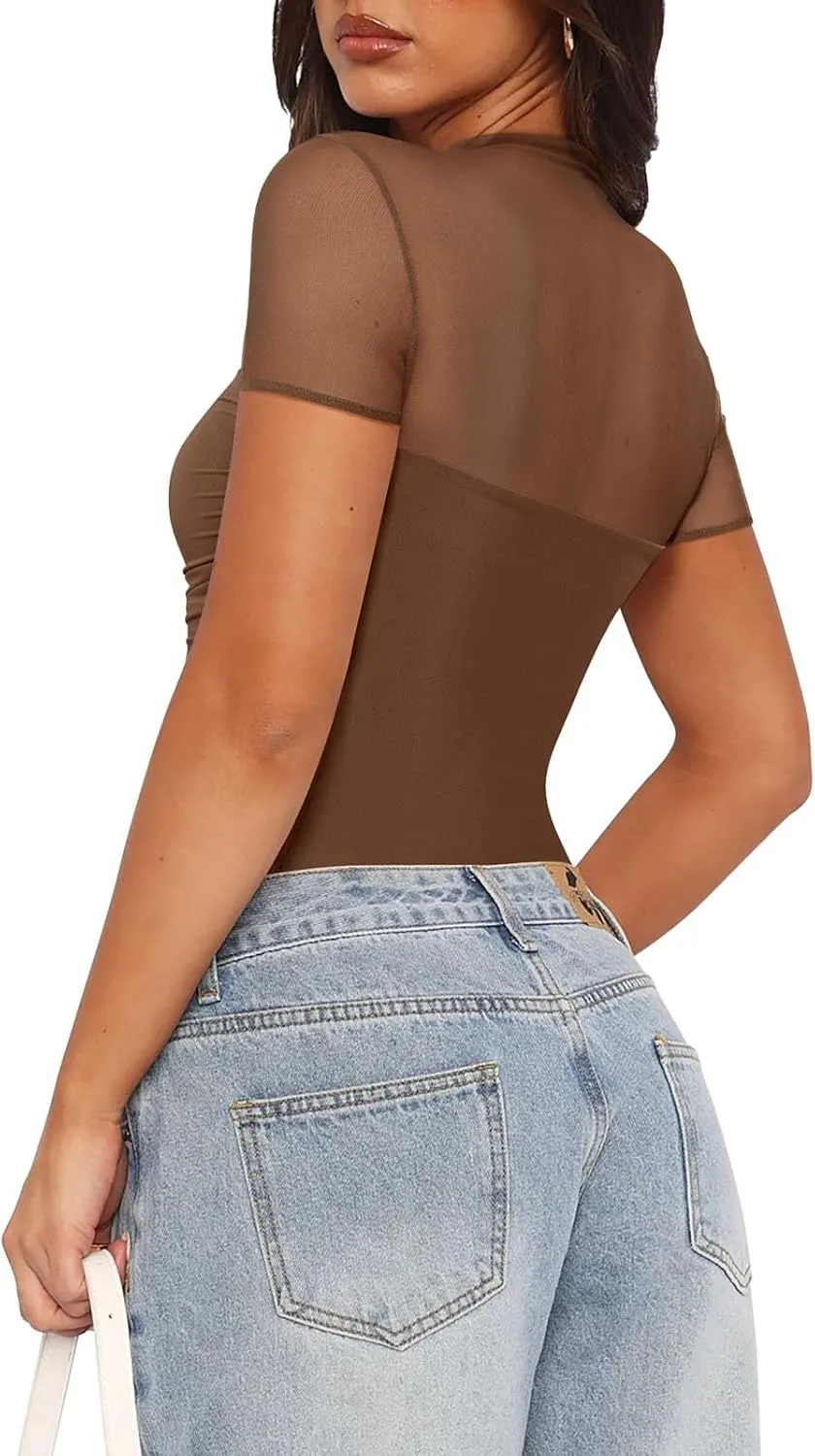 PINKMSTYLE Womens Mesh Short Sleeve Bodysuit Mock Neck Going Out Tops Date Night Outfit