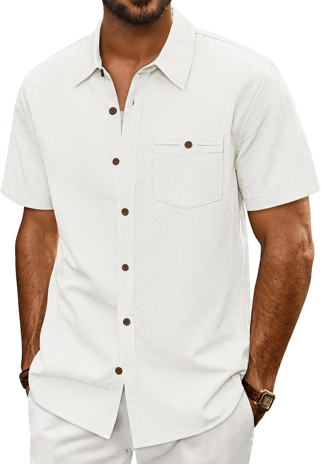 PJ PAUL JONES Mens Short Sleeve Button Down Shirts Summer Beach Shirts Untuckit Cotton Shirt with Pocket