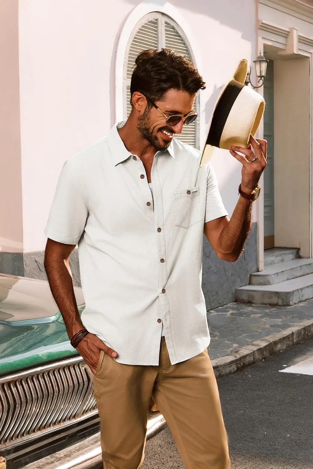 PJ PAUL JONES Mens Short Sleeve Button Down Shirts Summer Beach Shirts Untuckit Cotton Shirt with Pocket