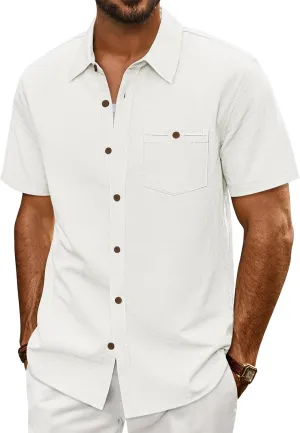 PJ PAUL JONES Mens Short Sleeve Button Down Shirts Summer Beach Shirts Untuckit Cotton Shirt with Pocket