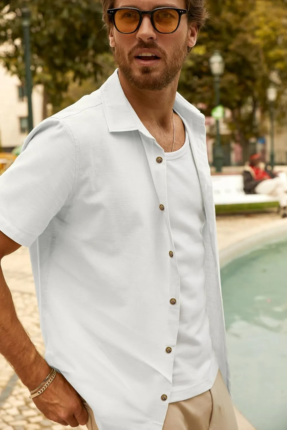 PJ PAUL JONES Mens Short Sleeve Button Down Shirts Summer Beach Shirts Untuckit Cotton Shirt with Pocket