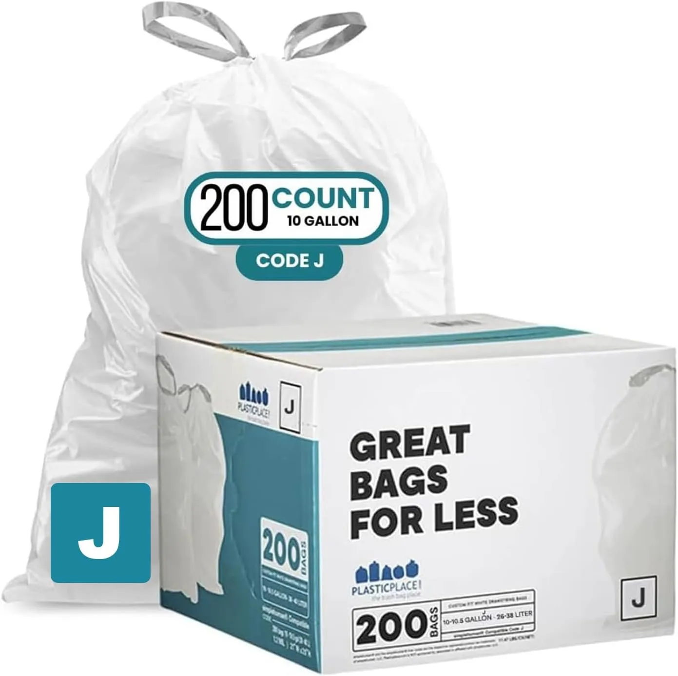 Plasticplace Custom Fit Trash Bags, Compatible with simplehuman Code J , 200 Count (Pack of 1) White Drawstring Garbage Liners 10-10.5 Gallon / 38-40 Liters, 21" x 28"