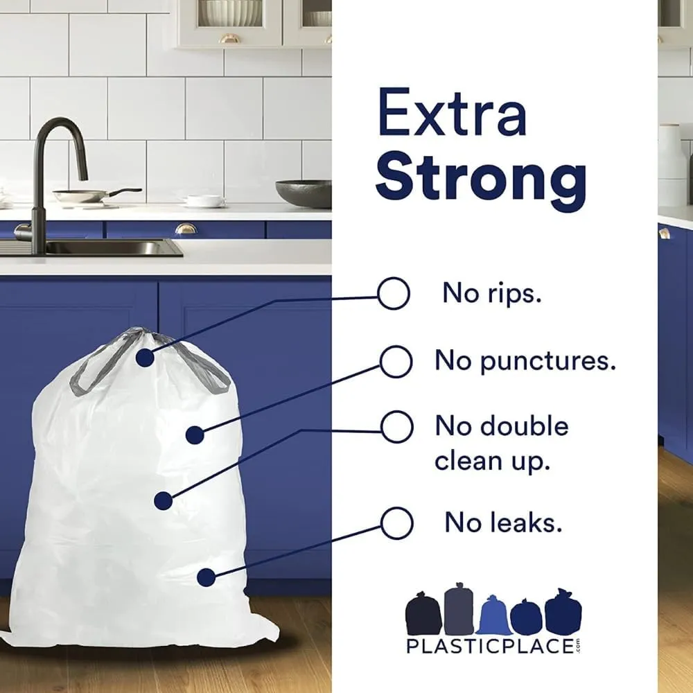 Plasticplace Custom Fit Trash Bags, Compatible with simplehuman Code J , 200 Count (Pack of 1) White Drawstring Garbage Liners 10-10.5 Gallon / 38-40 Liters, 21" x 28"