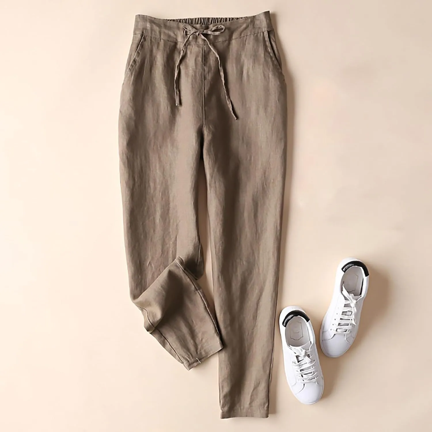 Plus Size Linen Pants Striped Linen Pants High Waist Loose Slit Cropped Pants with Pockets Linen Outfit Women Summer