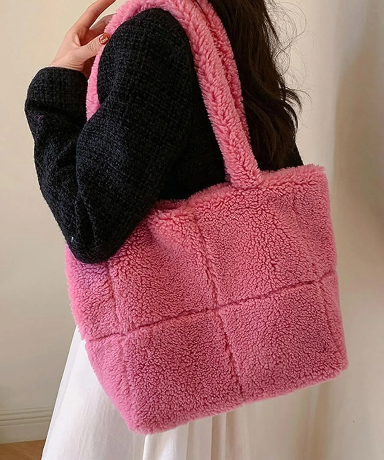 Plush Teddy Tote Bag Women 2024 Fall Winter Large Lamb Wool Shoulder Handbag Cozy Fuzzy Tote Bag