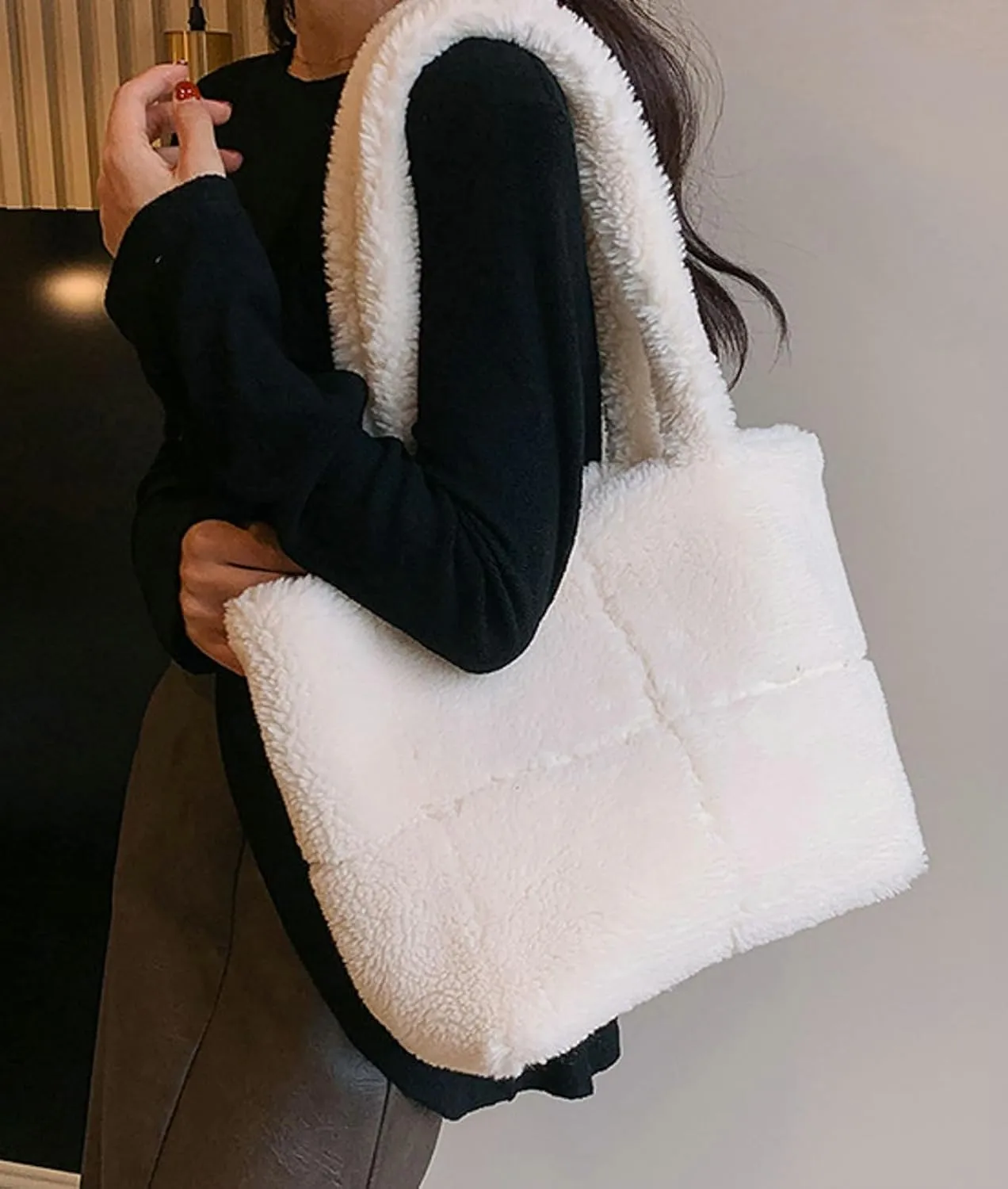 Plush Teddy Tote Bag Women 2024 Fall Winter Large Lamb Wool Shoulder Handbag Cozy Fuzzy Tote Bag