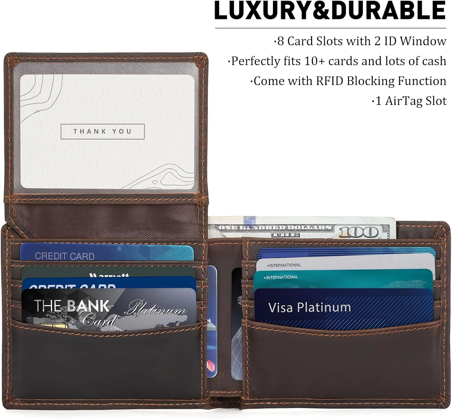 Polare RFID Blocking Cowhide Leather Bifold Wallet For Men with 2 ID Windows