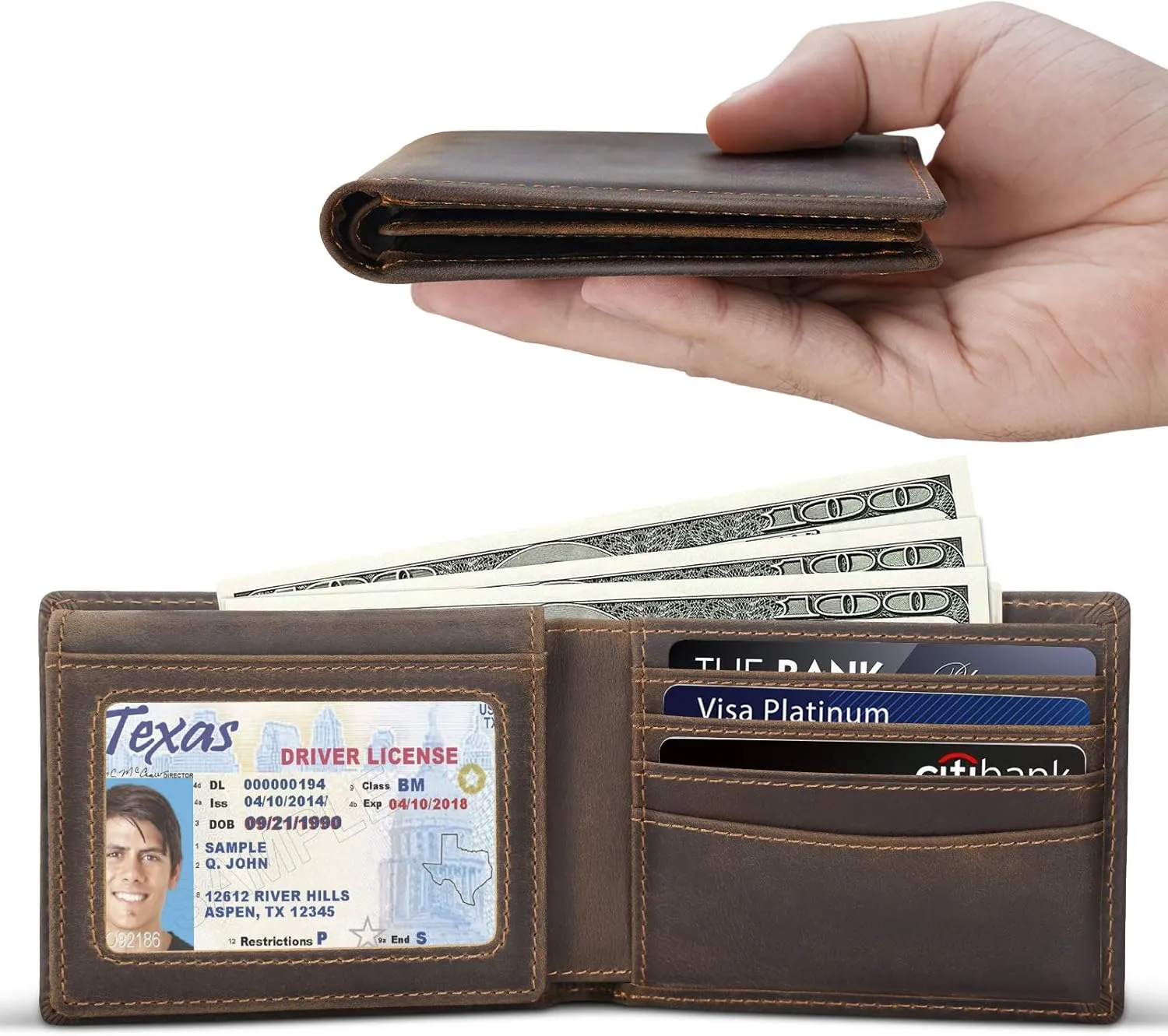 Polare RFID Blocking Cowhide Leather Bifold Wallet For Men with 2 ID Windows