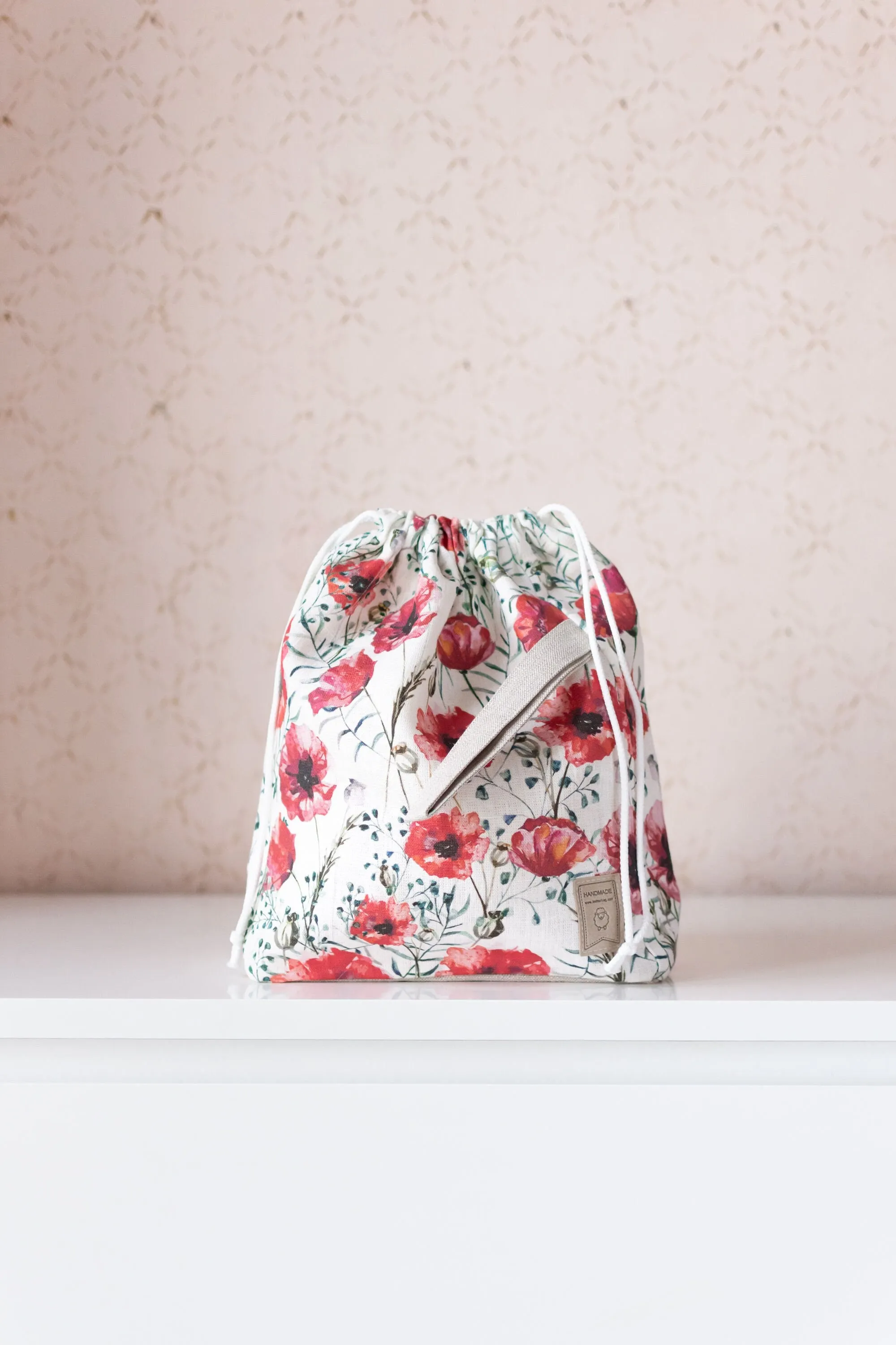 Poppy Large Drawstring Knitting Project Bag. Summer Flowers collection. Special KnitterBag design.