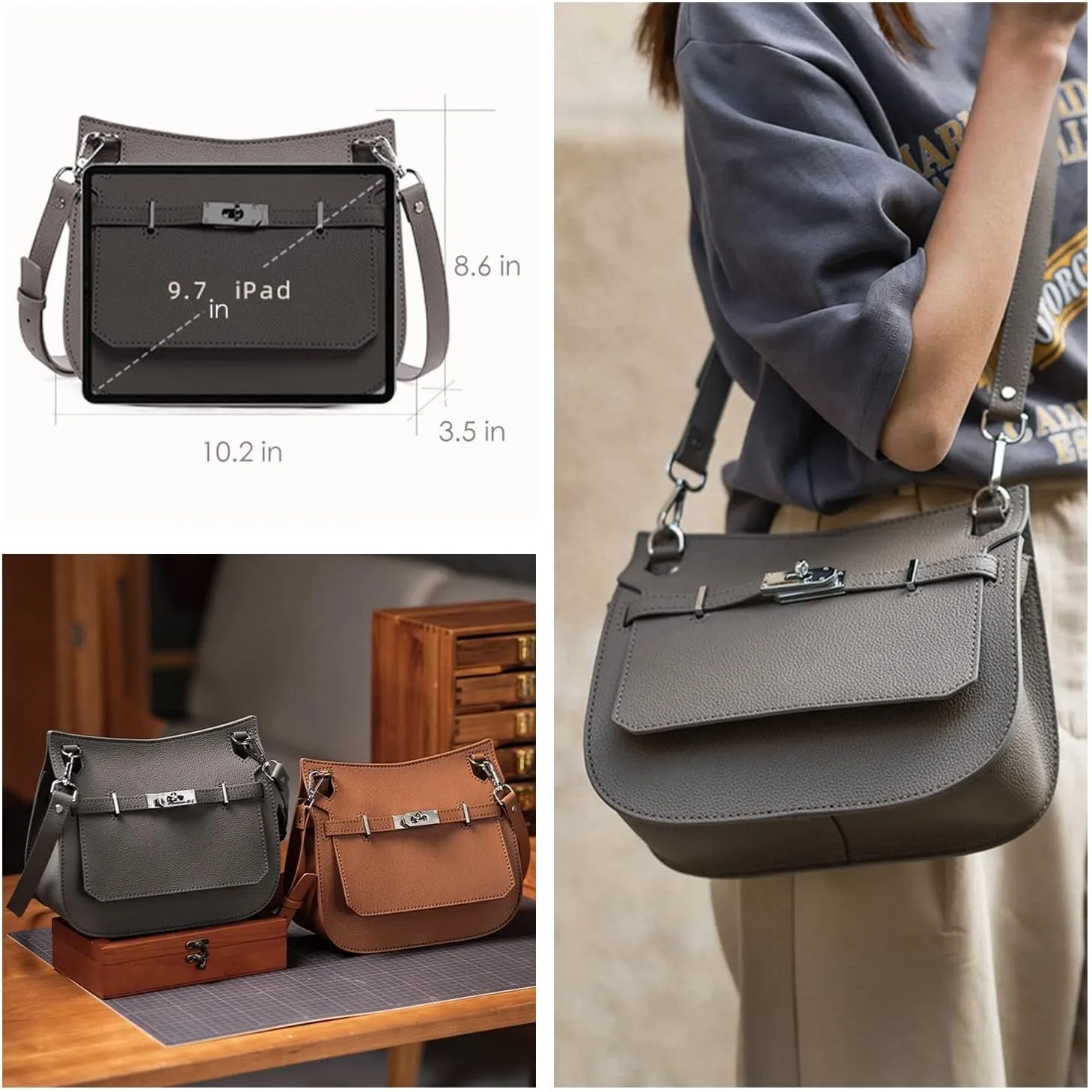 POPSEWING Designer Crossbody Bag DIY Kit for Girls, Leather Working Kit with Bag Sewing Kit for Shoulder Bag, Leather Kit for Personalized Gifts (Grey-DIY Kits)