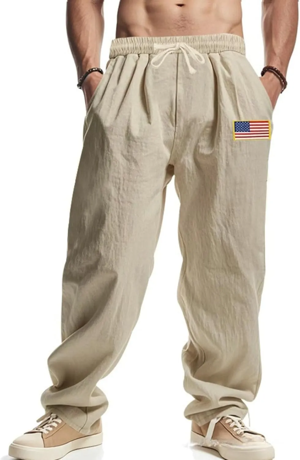 PORCLAY Mens Linen Casual Pants Elastic Waist Drawstring Hip Hop Trousers Wide Leg Yoga Beach 2025 Summer Pants
