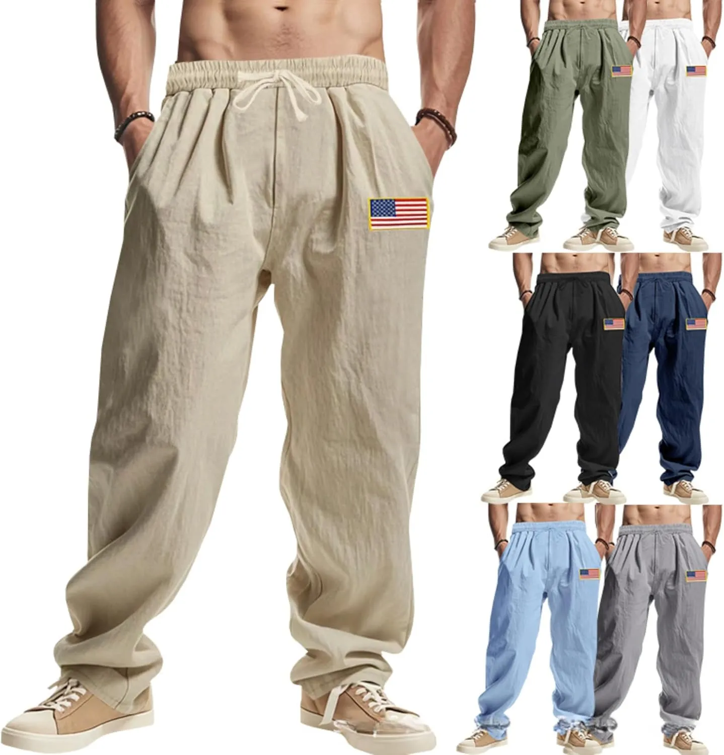 PORCLAY Mens Linen Casual Pants Elastic Waist Drawstring Hip Hop Trousers Wide Leg Yoga Beach 2025 Summer Pants