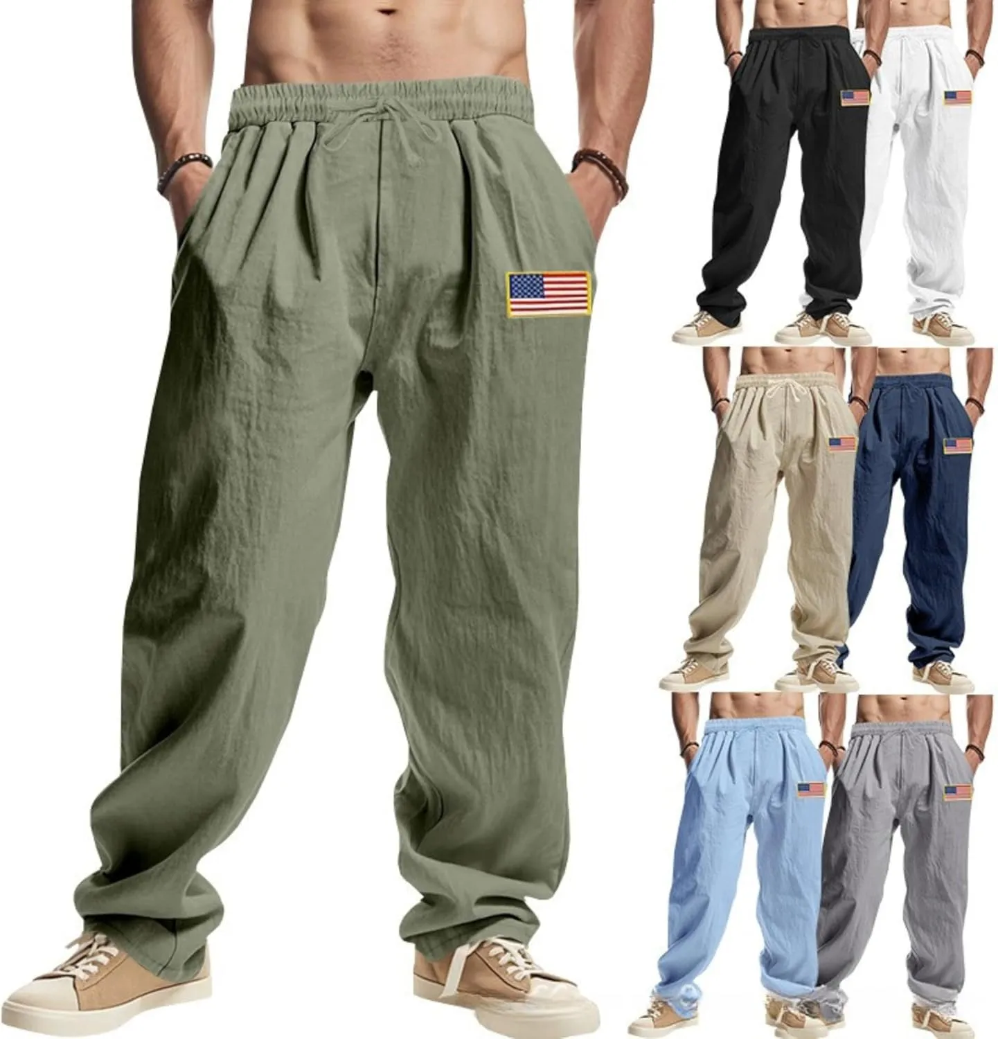 PORCLAY Mens Linen Casual Pants Elastic Waist Drawstring Hip Hop Trousers Wide Leg Yoga Beach 2025 Summer Pants