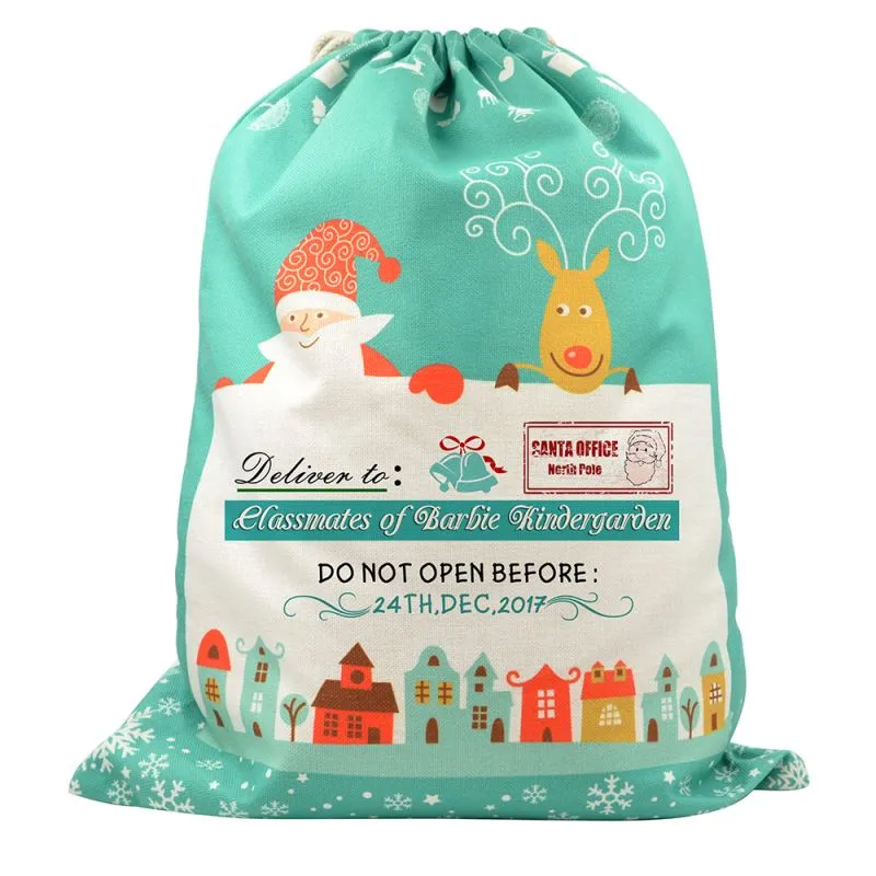 Pre-Printed Linen Drawstring Xmas Sack - 50 x 66 cm - Green Large