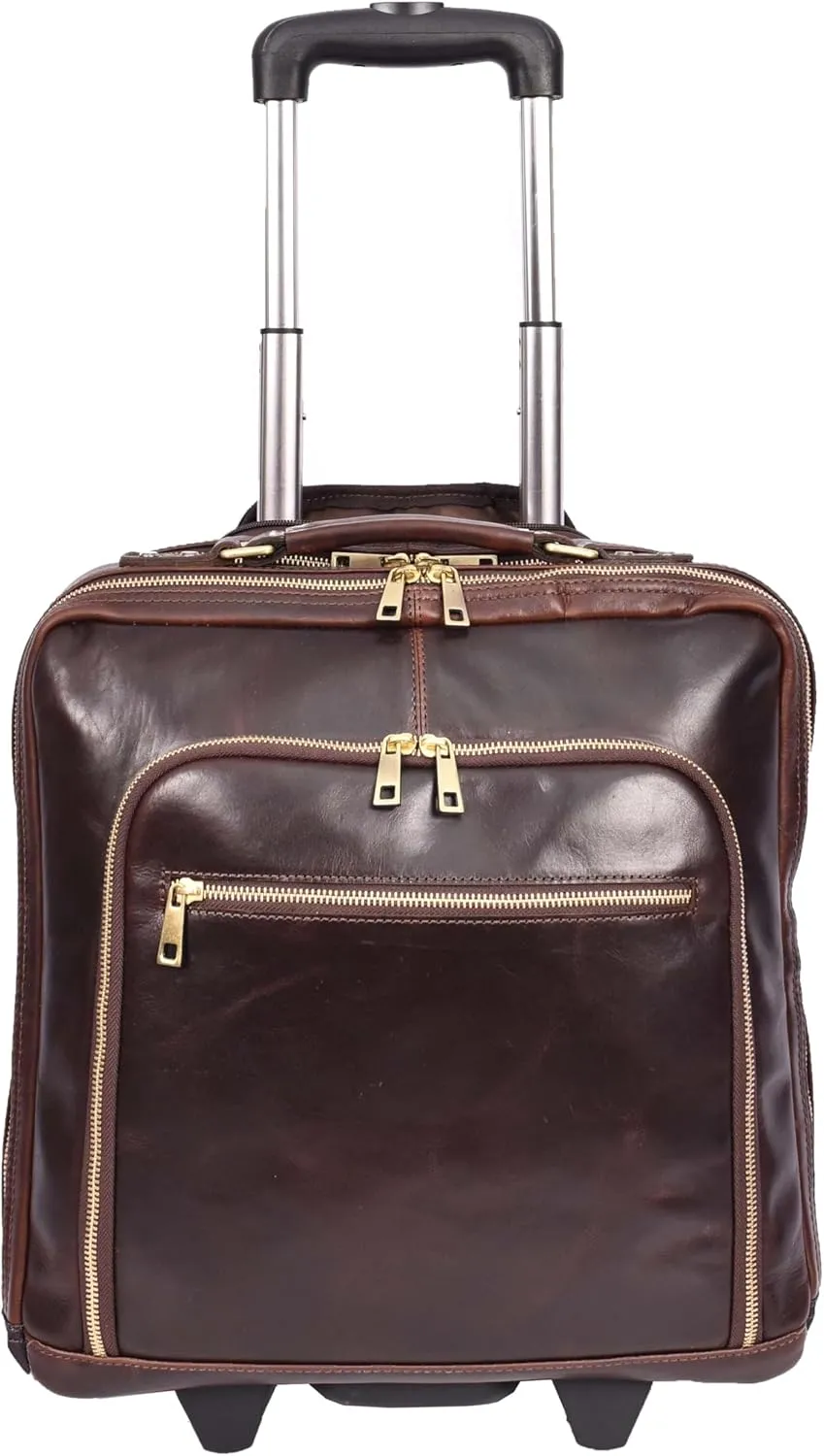 Premium Leather Pilot Case Wheeled Briefcase Business Travel Laptop Bag Multi Zip Pockets A51, Brown, M, Pilot Case