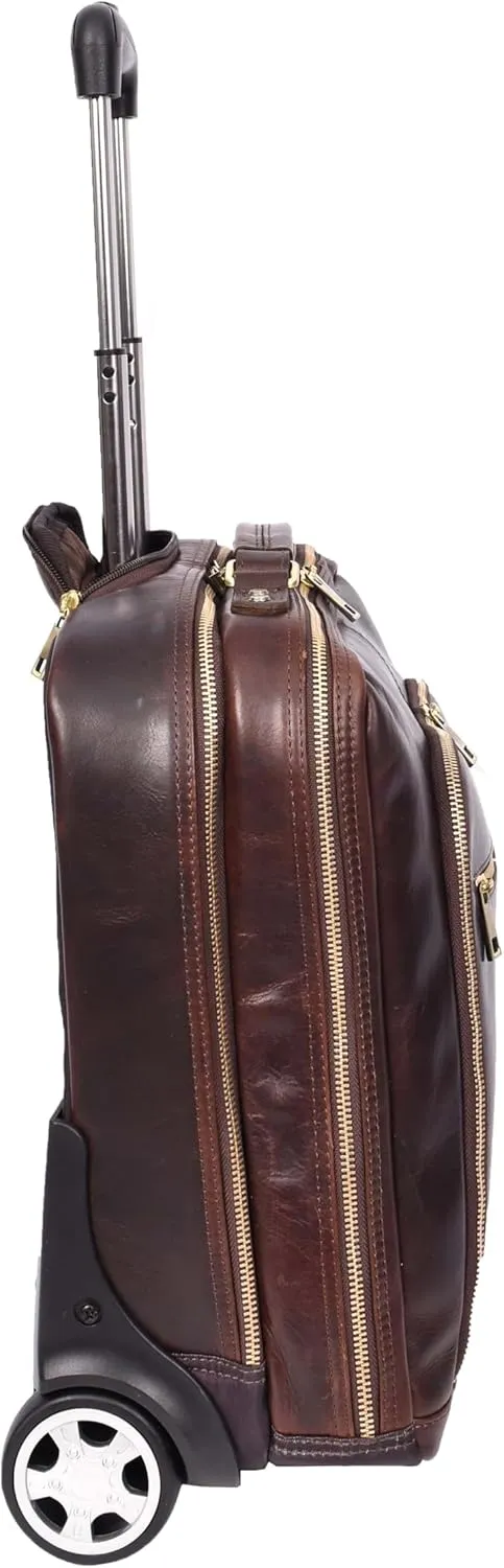 Premium Leather Pilot Case Wheeled Briefcase Business Travel Laptop Bag Multi Zip Pockets A51, Brown, M, Pilot Case