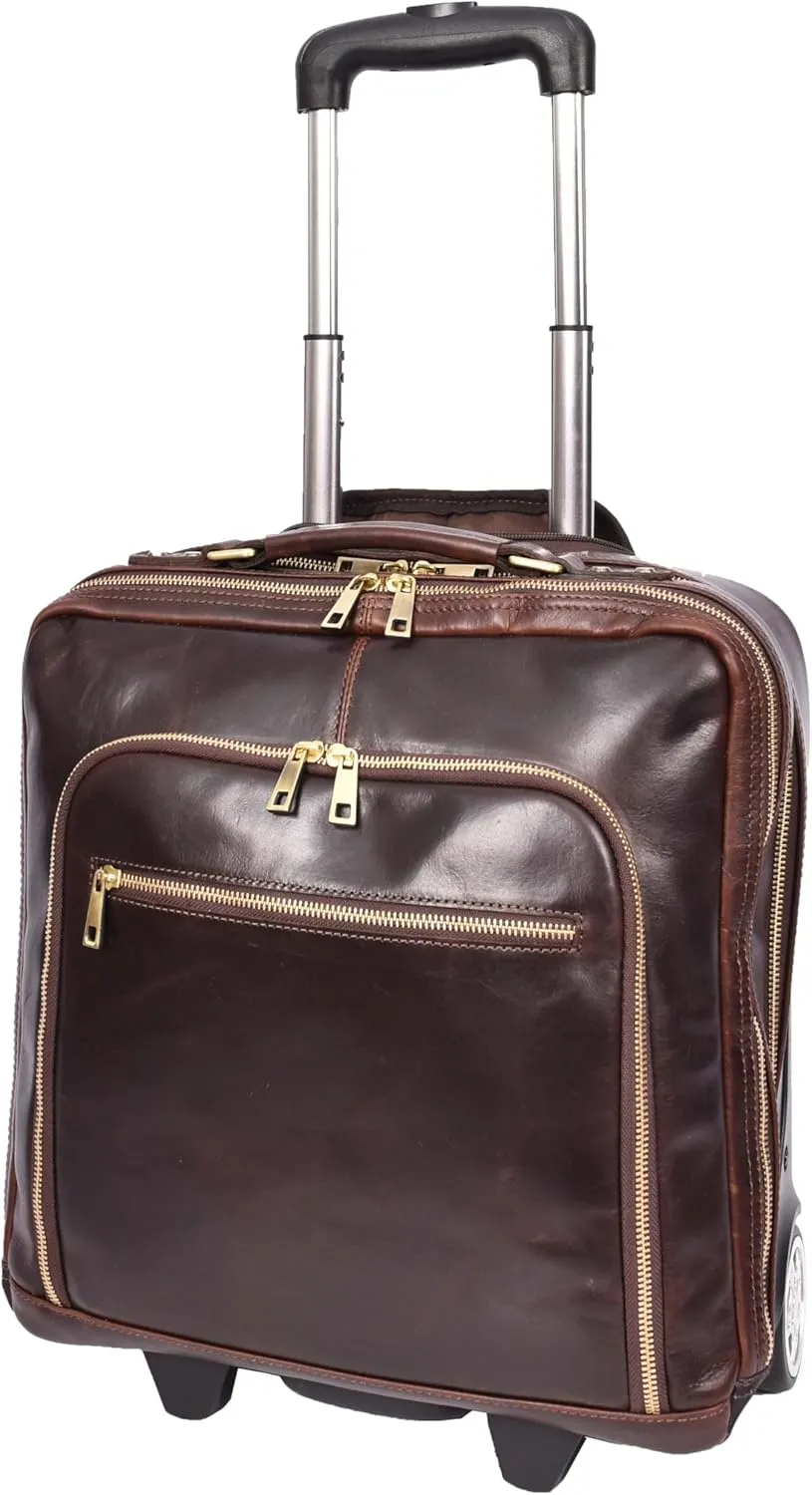 Premium Leather Pilot Case Wheeled Briefcase Business Travel Laptop Bag Multi Zip Pockets A51, Brown, M, Pilot Case