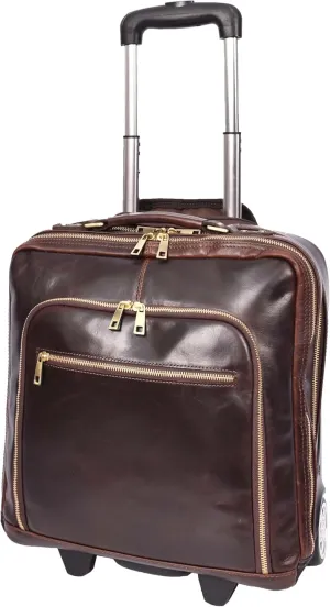 Premium Leather Pilot Case Wheeled Briefcase Business Travel Laptop Bag Multi Zip Pockets A51, Brown, M, Pilot Case