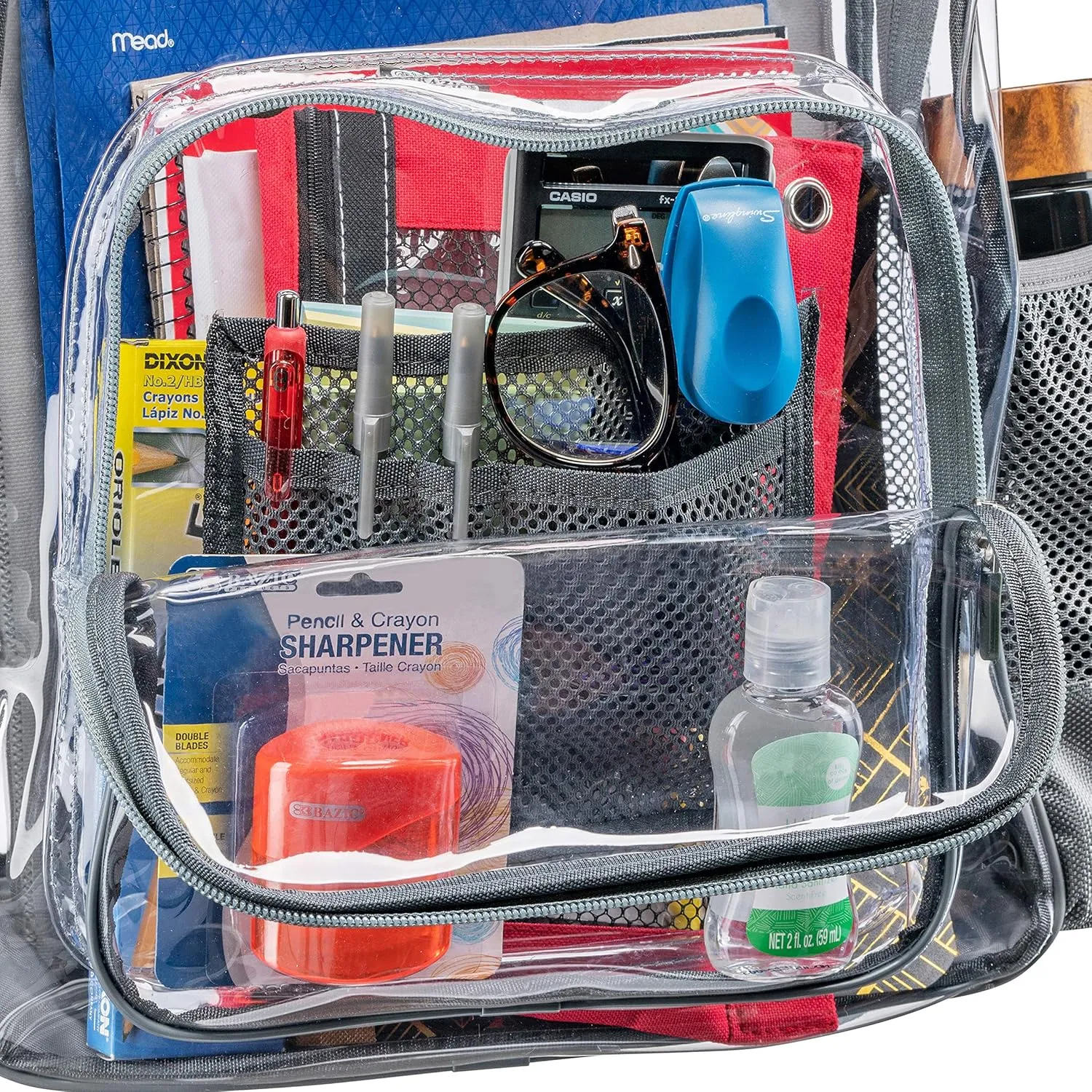 Premium Quality - Heavy Duty Clear Backpack with Mesh Organizer, Clear Bookbag (Medium, Steel Gray)